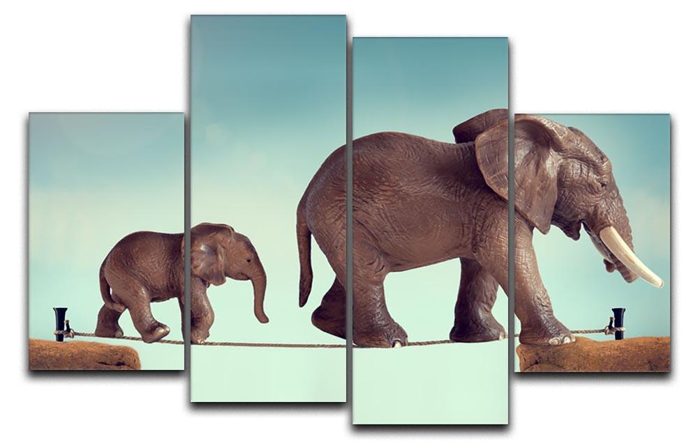 Mother and baby elephant on a tightrope 4 Split Panel Canvas - Canvas Art Rocks - 1