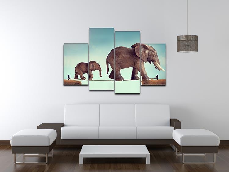 Mother and baby elephant on a tightrope 4 Split Panel Canvas - Canvas Art Rocks - 3
