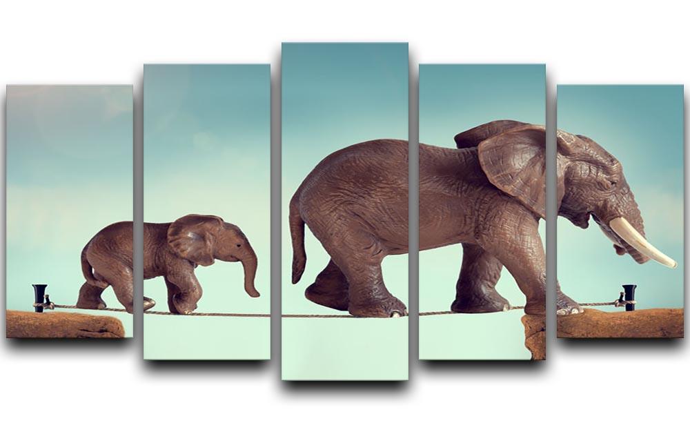 Mother and baby elephant on a tightrope 5 Split Panel Canvas - Canvas Art Rocks - 1