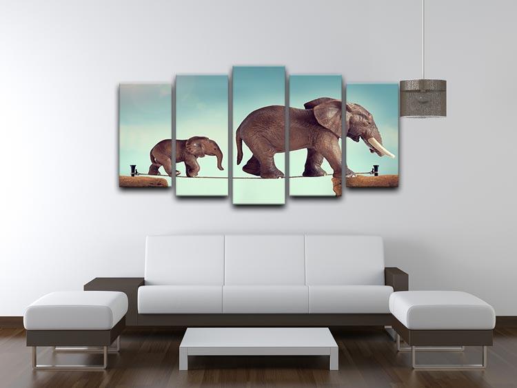 Mother and baby elephant on a tightrope 5 Split Panel Canvas - Canvas Art Rocks - 3