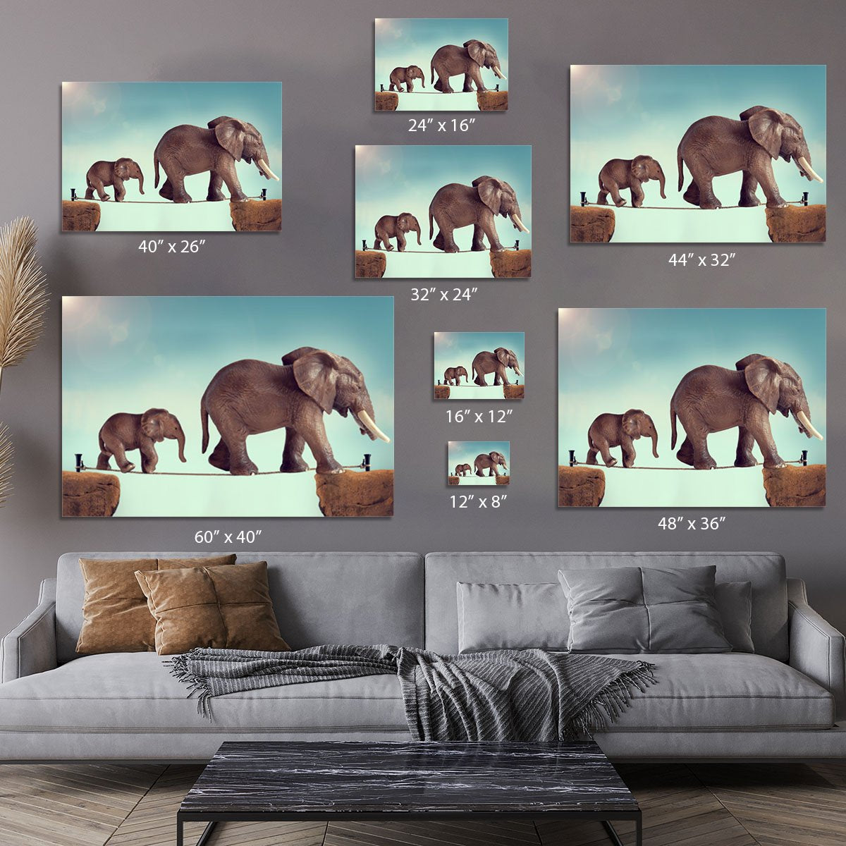 Mother and baby elephant on a tightrope Canvas Print or Poster