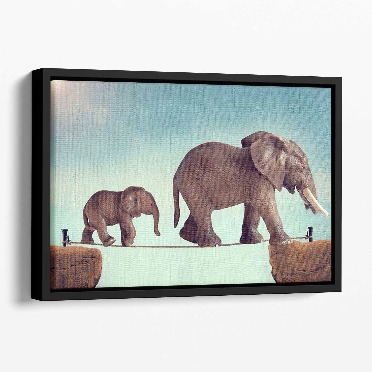 Mother and baby elephant on a tightrope Floating Framed Canvas - Canvas Art Rocks - 1