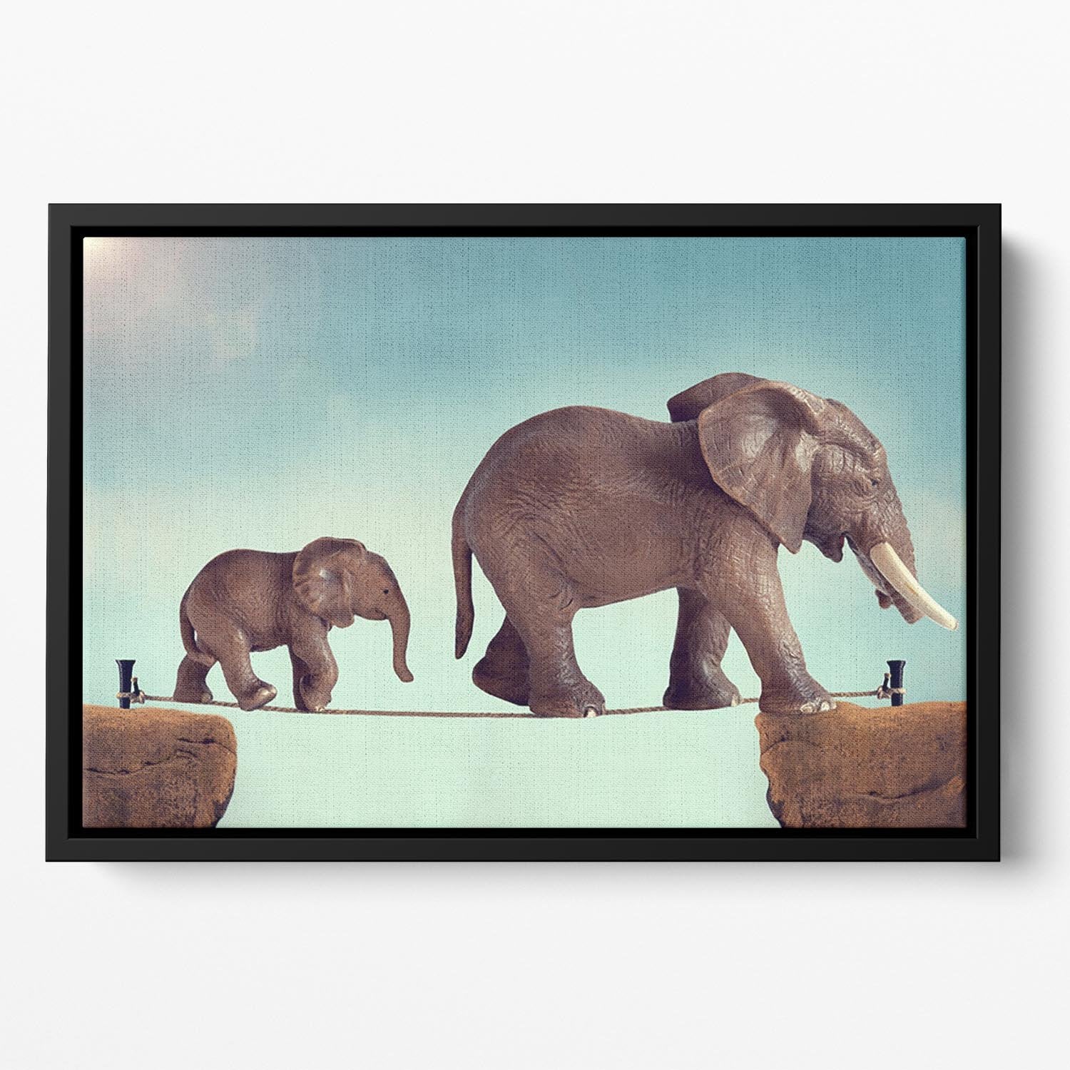 Mother and baby elephant on a tightrope Floating Framed Canvas - Canvas Art Rocks - 2