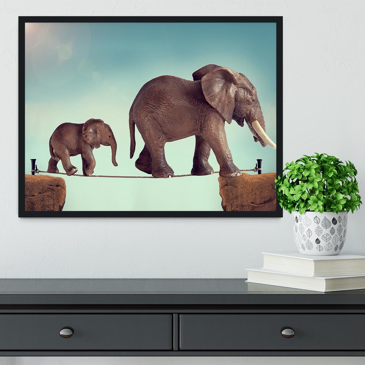 Mother and baby elephant on a tightrope Framed Print - Canvas Art Rocks - 2