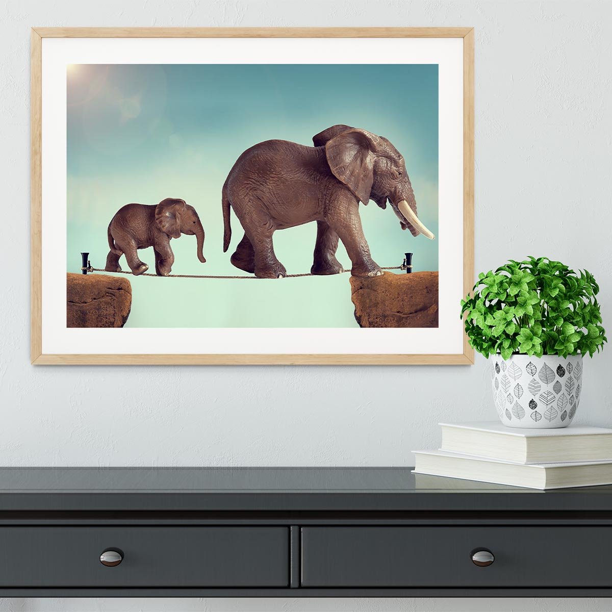 Mother and baby elephant on a tightrope Framed Print - Canvas Art Rocks - 3