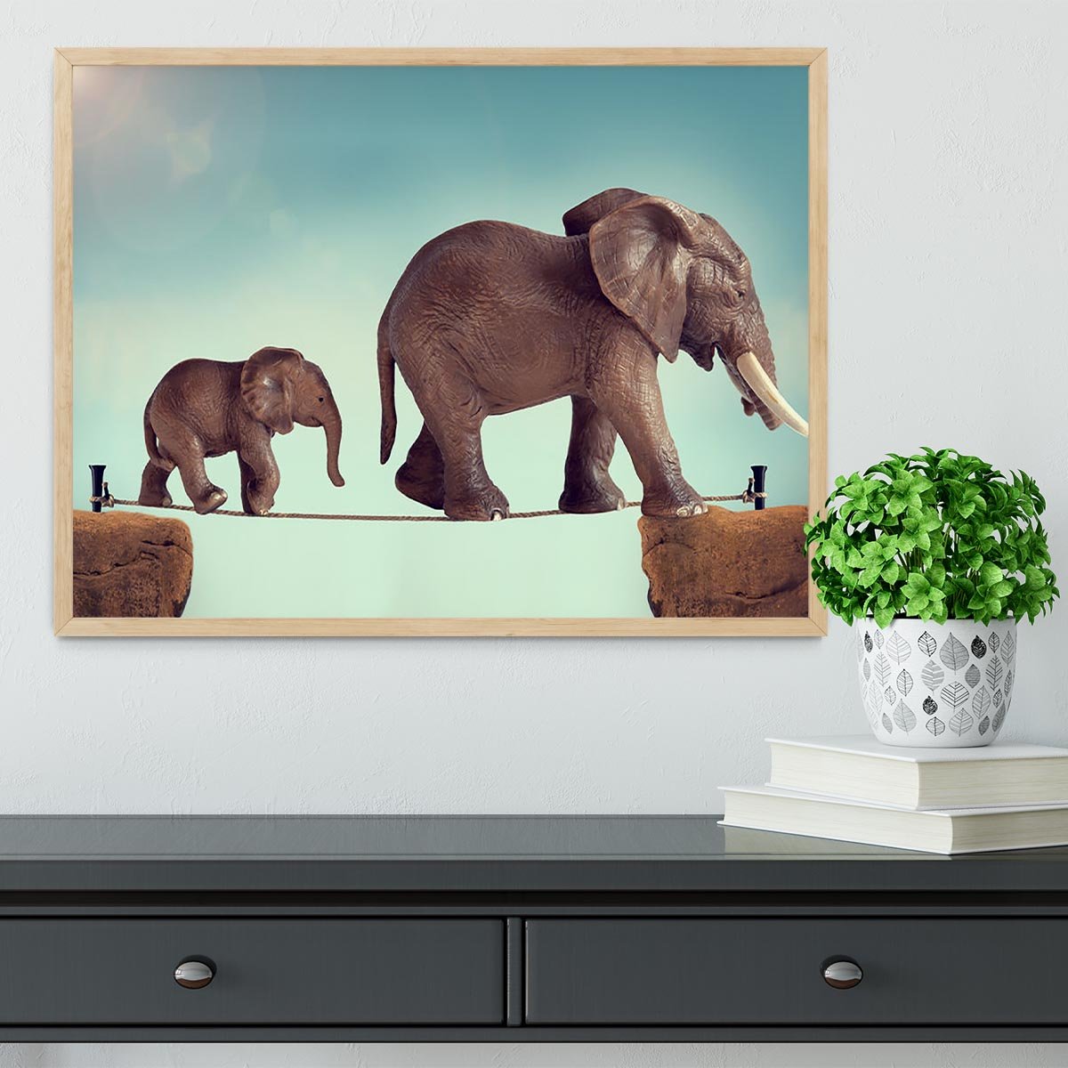 Mother and baby elephant on a tightrope Framed Print - Canvas Art Rocks - 4