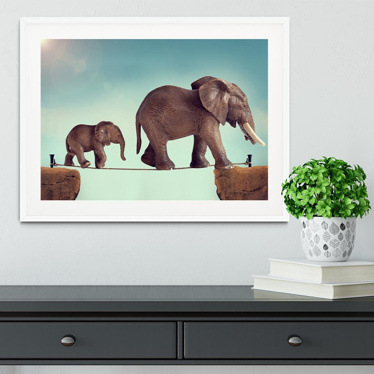Mother and baby elephant on a tightrope Framed Print - Canvas Art Rocks - 5