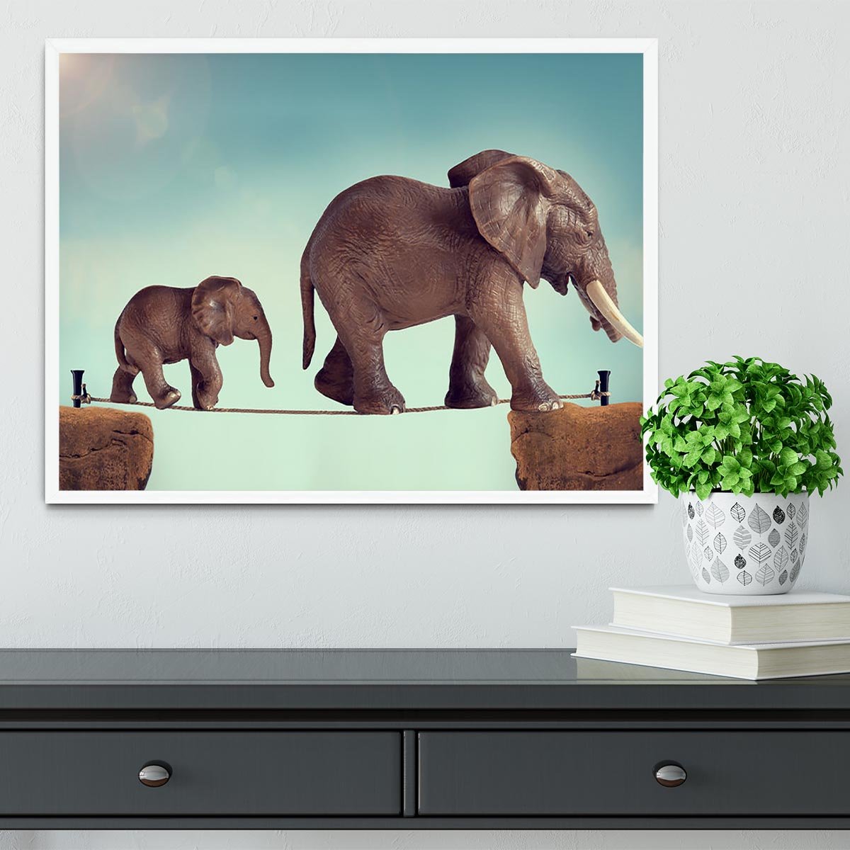 Mother and baby elephant on a tightrope Framed Print - Canvas Art Rocks -6