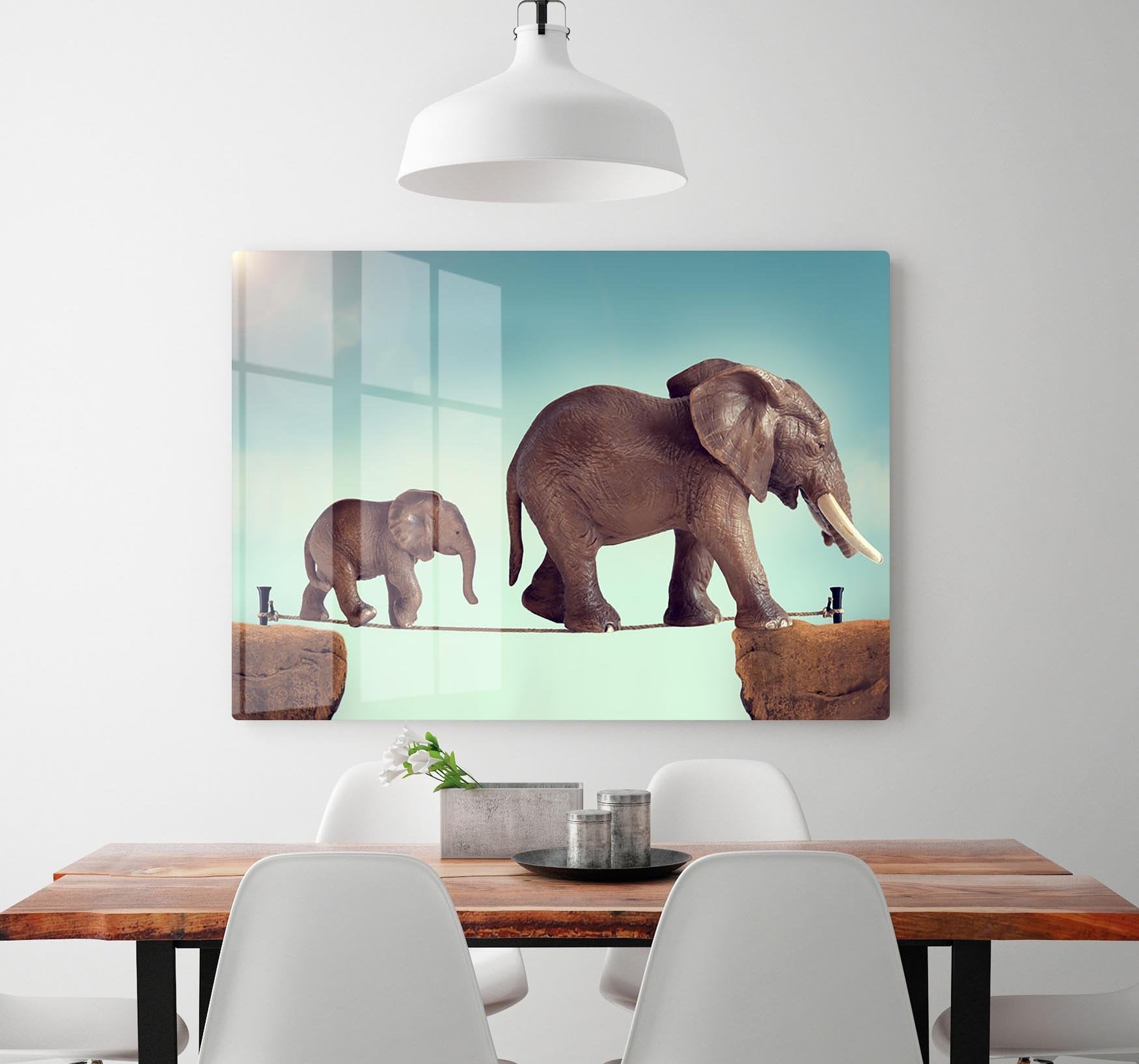 Mother and baby elephant on a tightrope HD Metal Print - Canvas Art Rocks - 2
