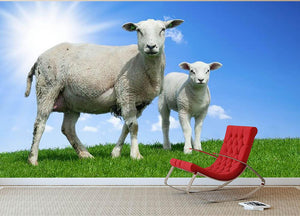 Mother sheep and her lamb in spring Wall Mural Wallpaper - Canvas Art Rocks - 2
