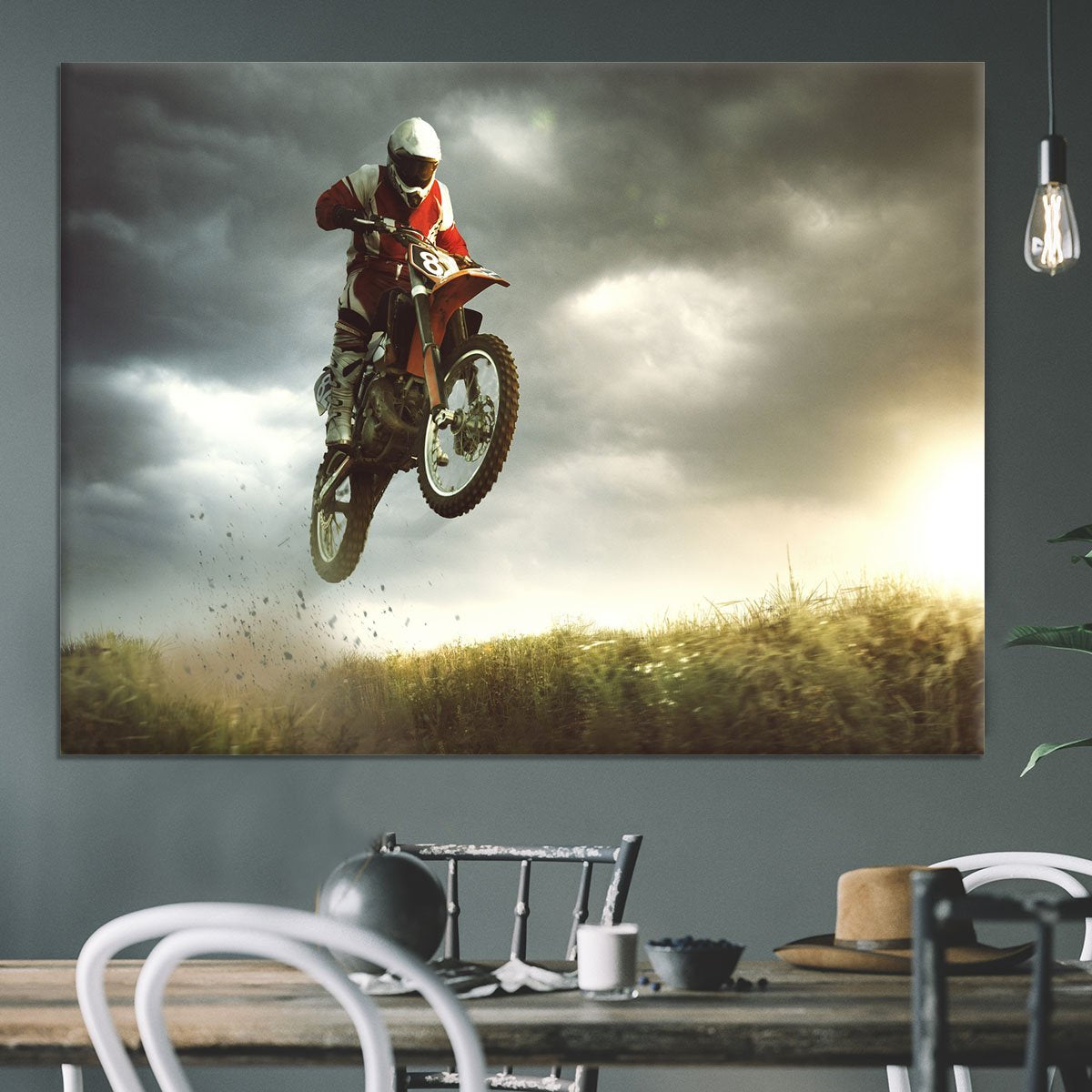 Motorbike jumps in the air Canvas Print or Poster