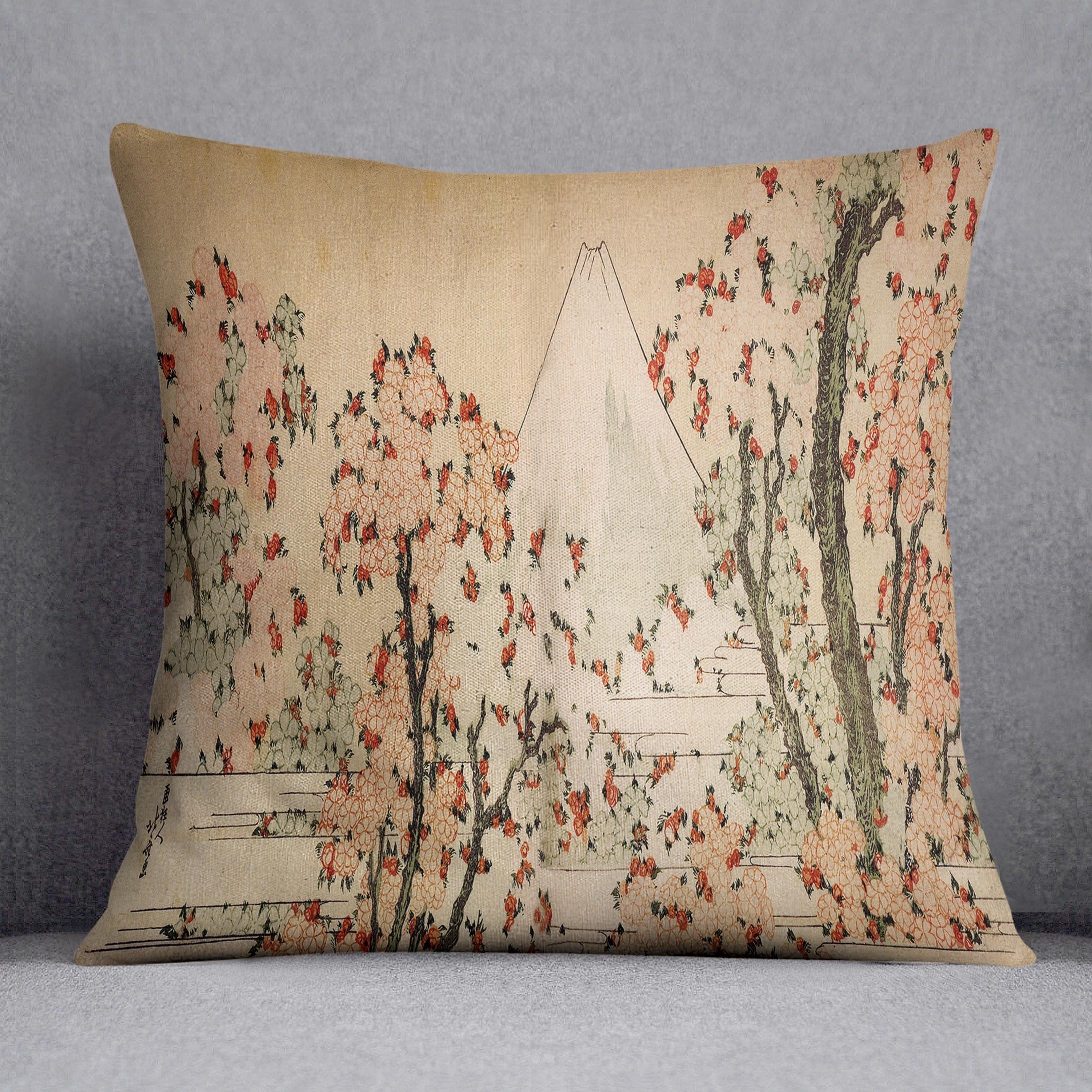 Mount Fuji behind cherry trees and flowers by Hokusai Throw Pillow