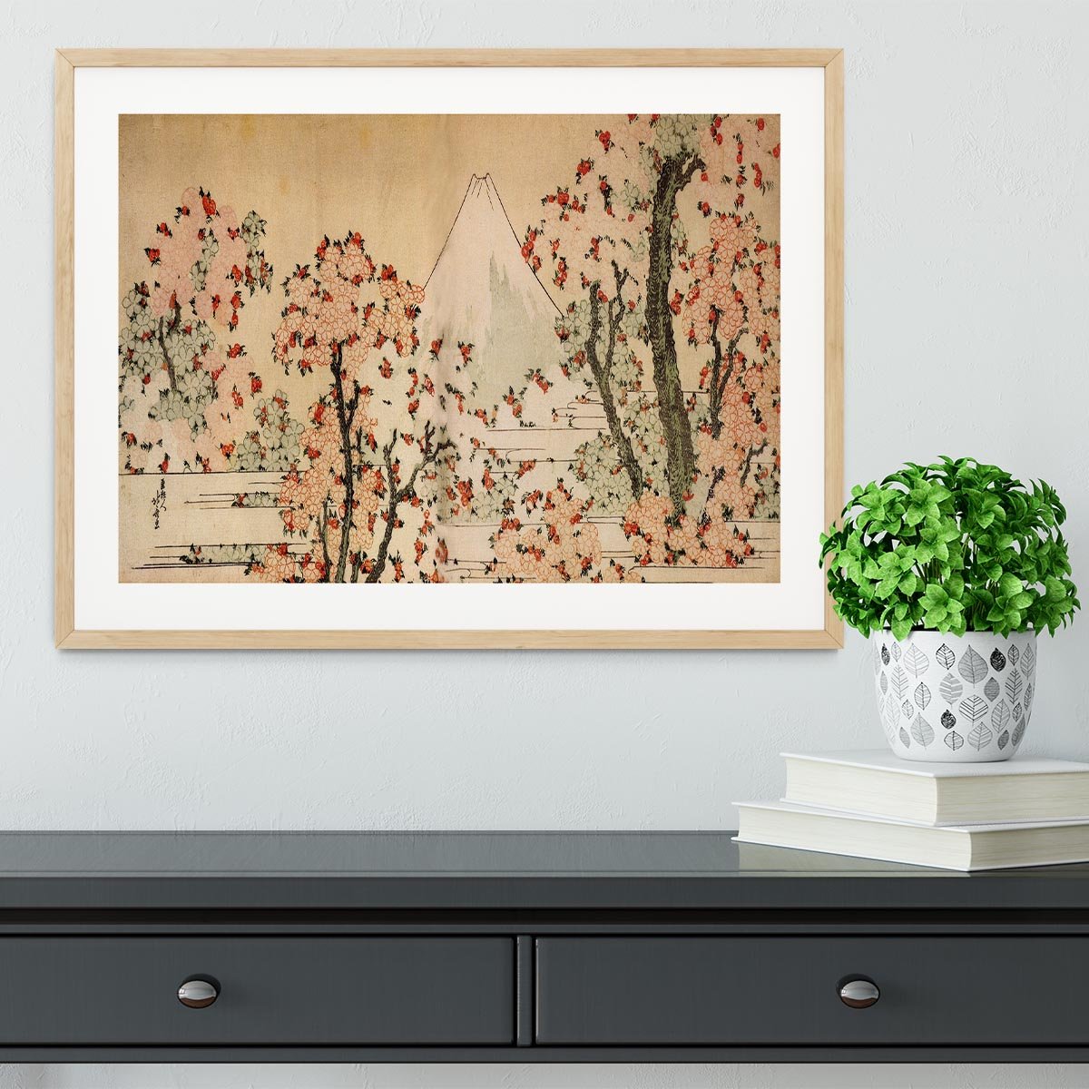 Mount Fuji behind cherry trees and flowers by Hokusai Framed Print - Canvas Art Rocks - 3