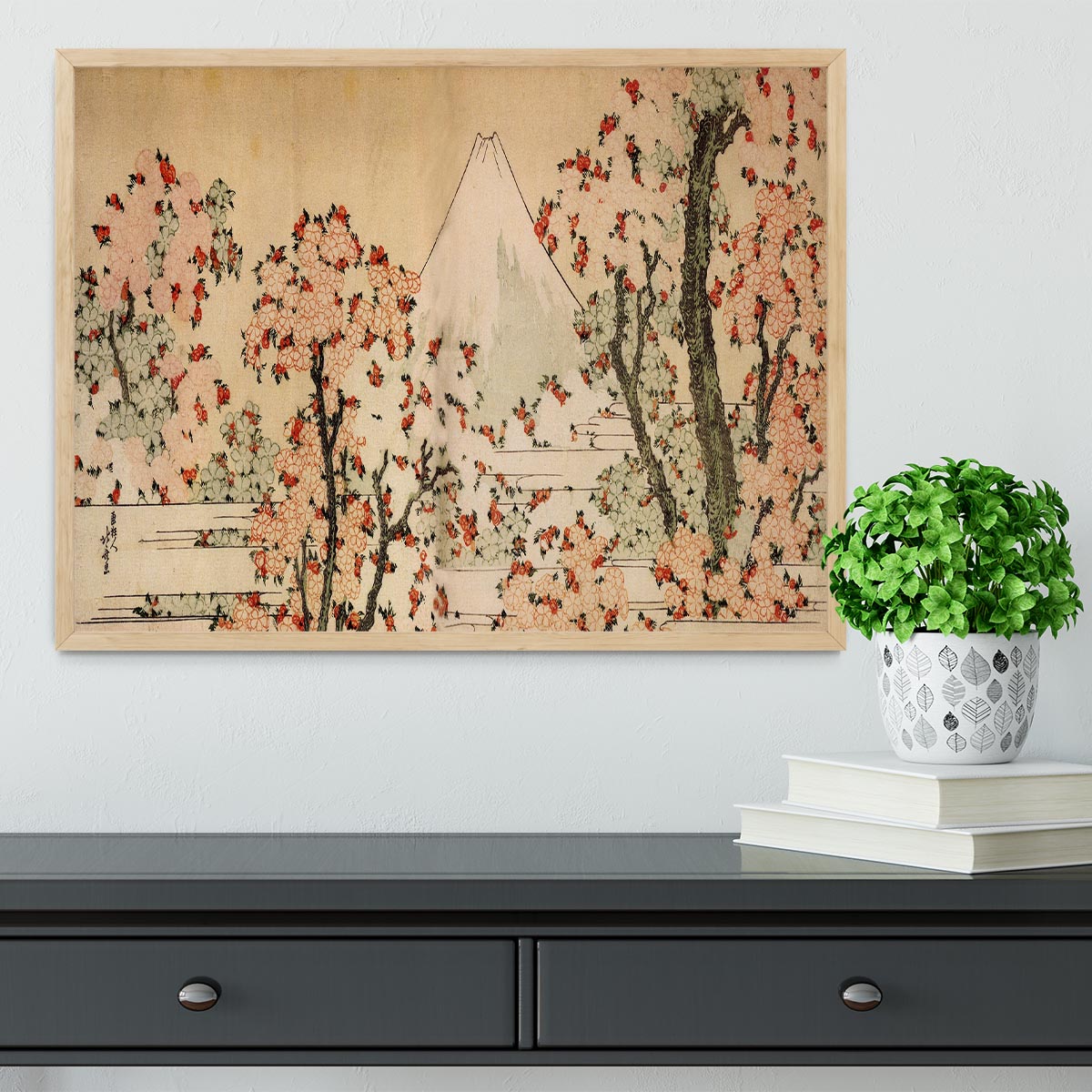 Mount Fuji behind cherry trees and flowers by Hokusai Framed Print - Canvas Art Rocks - 4