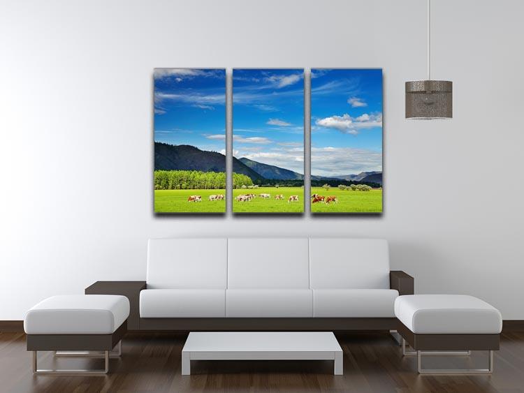 Mountain landscape with grazing cows and blue sky 3 Split Panel Canvas Print - Canvas Art Rocks - 3