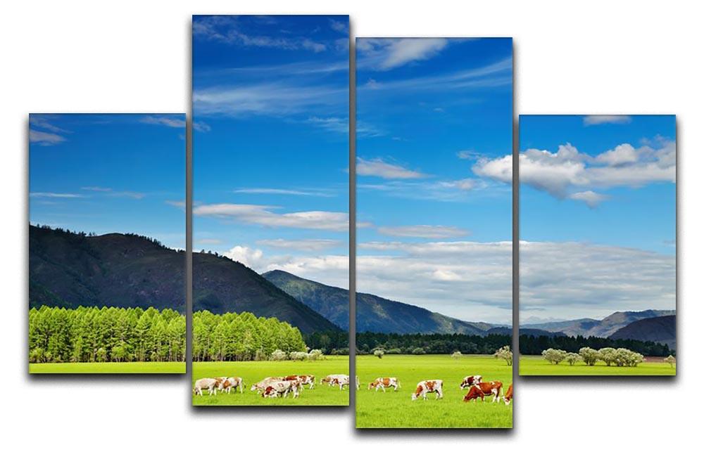 Mountain landscape with grazing cows and blue sky 4 Split Panel Canvas - Canvas Art Rocks - 1