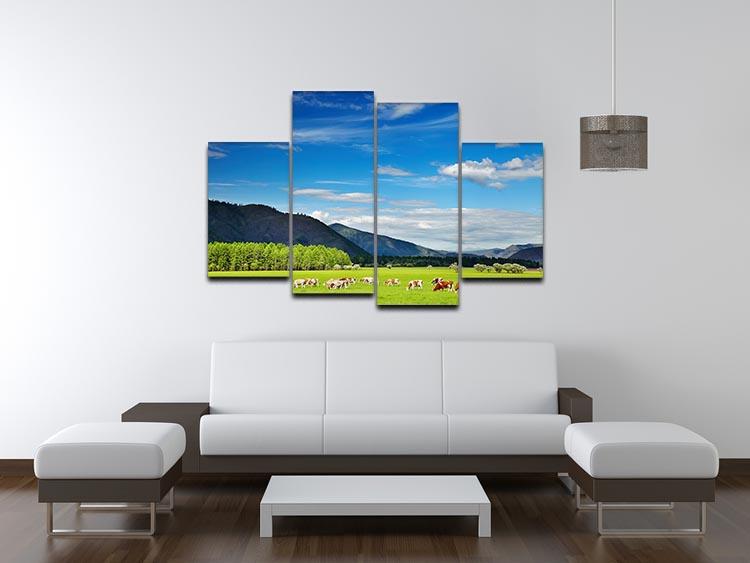 Mountain landscape with grazing cows and blue sky 4 Split Panel Canvas - Canvas Art Rocks - 3