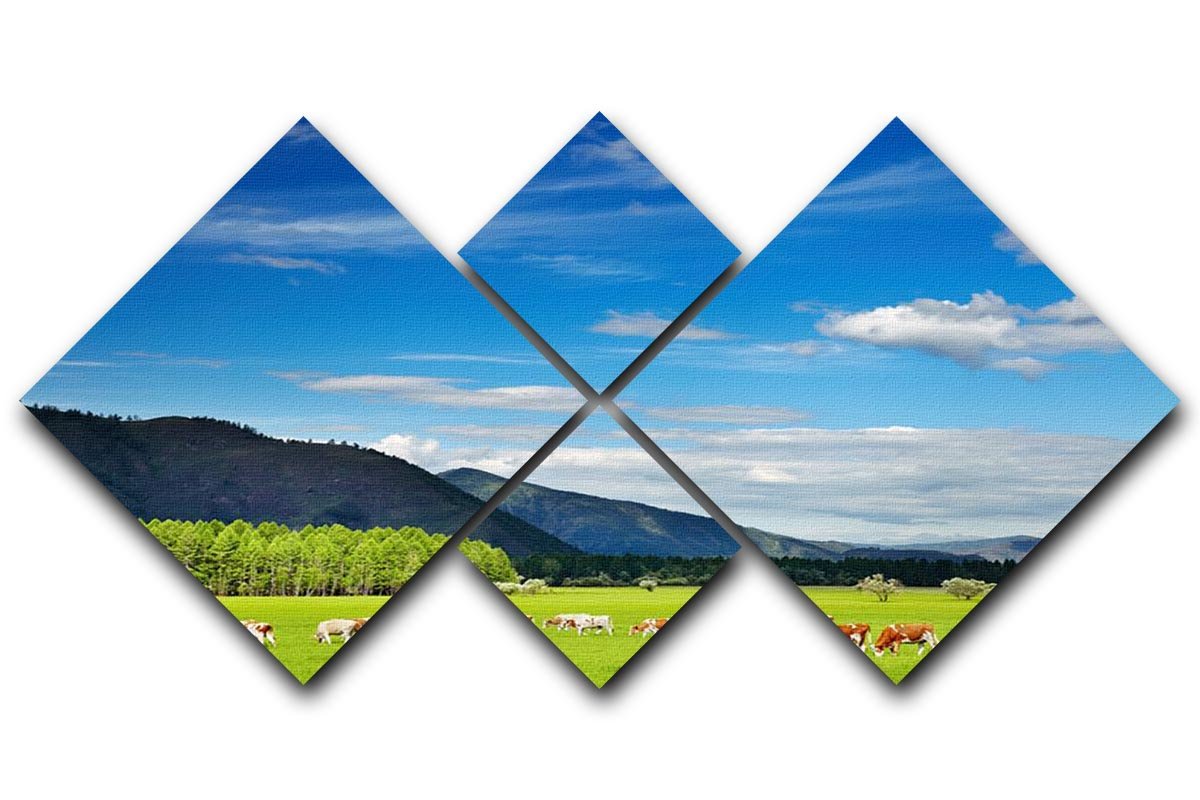 Mountain landscape with grazing cows and blue sky 4 Square Multi Panel Canvas - Canvas Art Rocks - 1