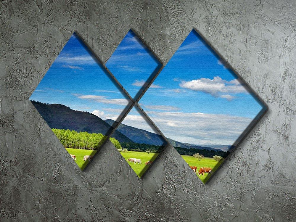 Mountain landscape with grazing cows and blue sky 4 Square Multi Panel Canvas - Canvas Art Rocks - 2