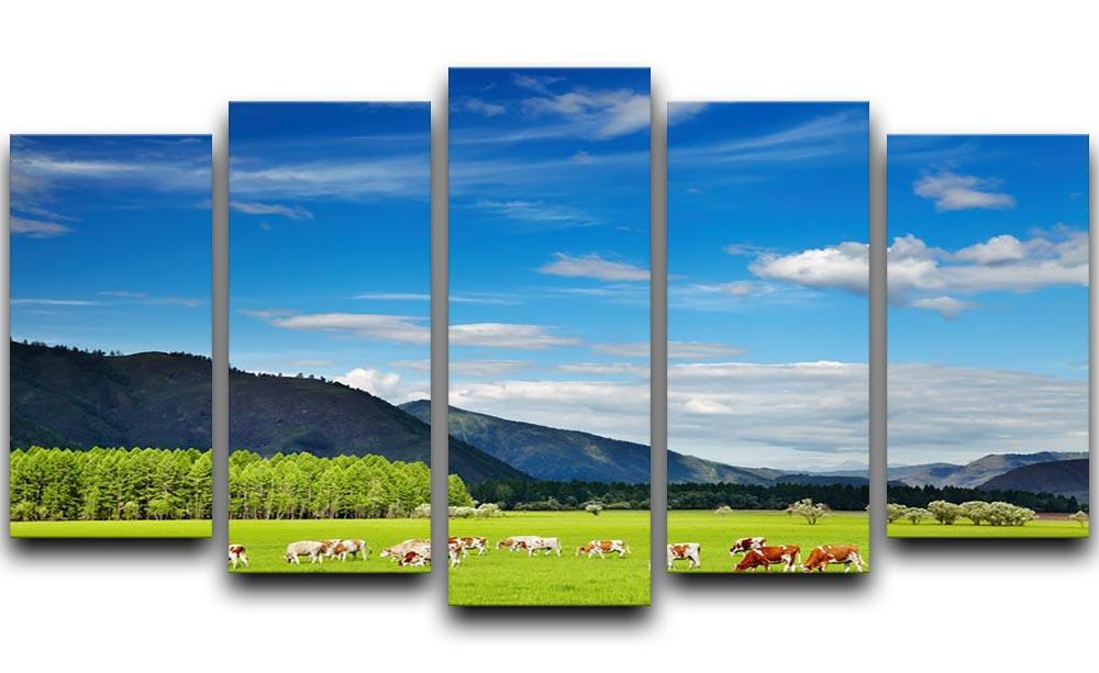 Mountain landscape with grazing cows and blue sky 5 Split Panel Canvas - Canvas Art Rocks - 1