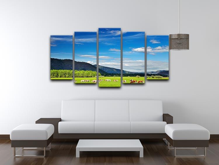 Mountain landscape with grazing cows and blue sky 5 Split Panel Canvas - Canvas Art Rocks - 3