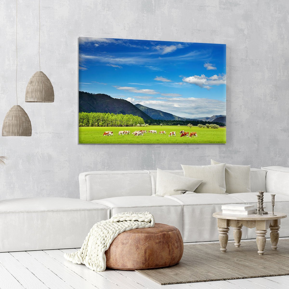 Mountain landscape with grazing cows and blue sky Canvas Print or Poster