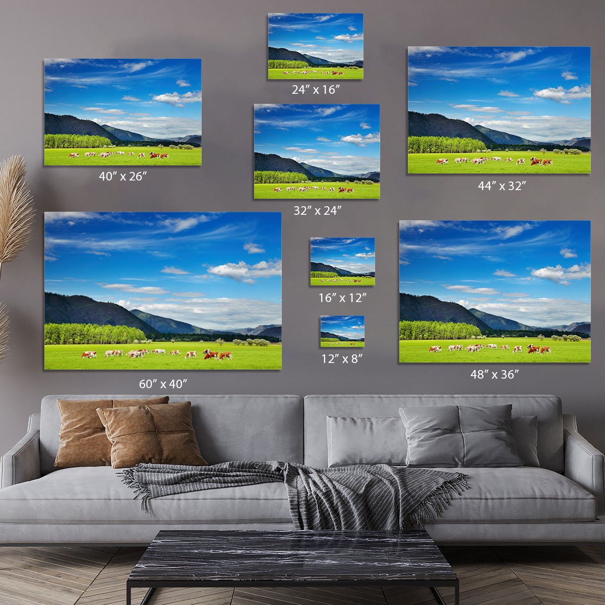 Mountain landscape with grazing cows and blue sky Canvas Print or Poster