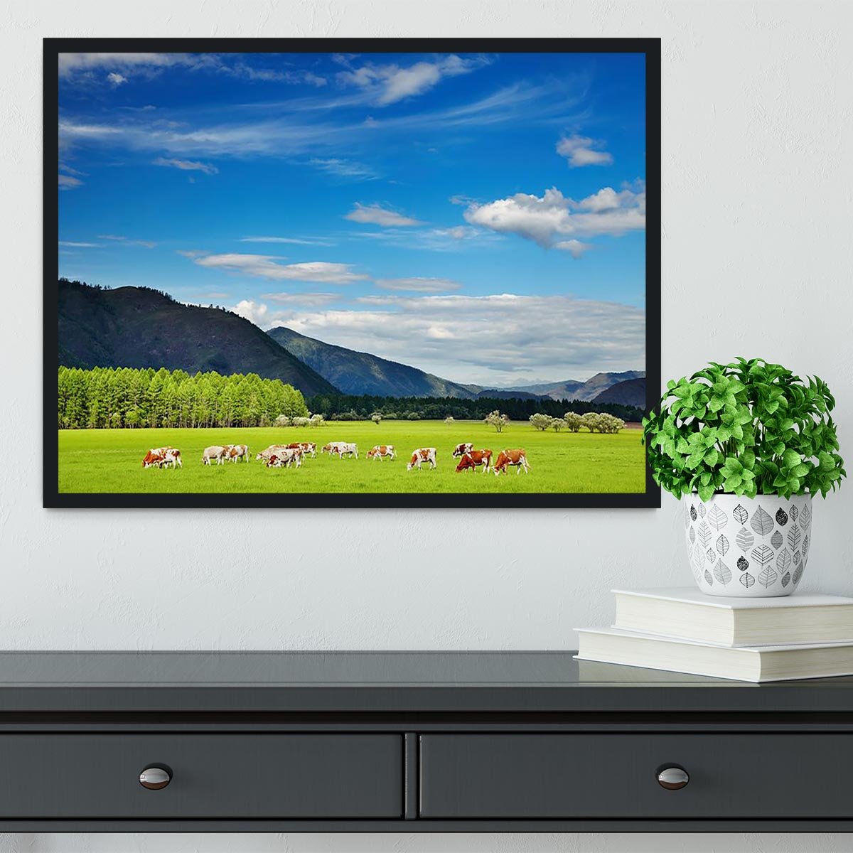 Mountain landscape with grazing cows and blue sky Framed Print - Canvas Art Rocks - 2