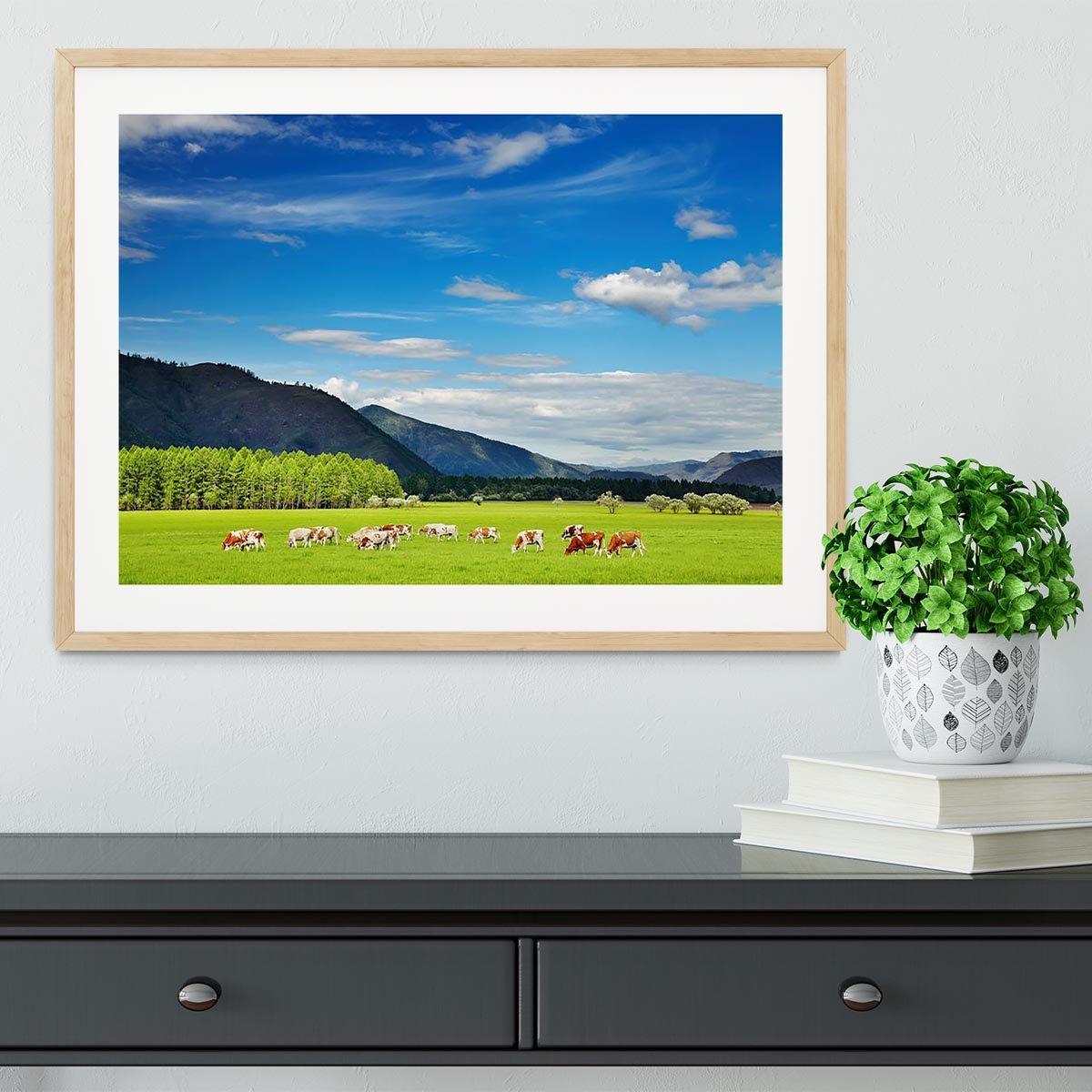 Mountain landscape with grazing cows and blue sky Framed Print - Canvas Art Rocks - 3