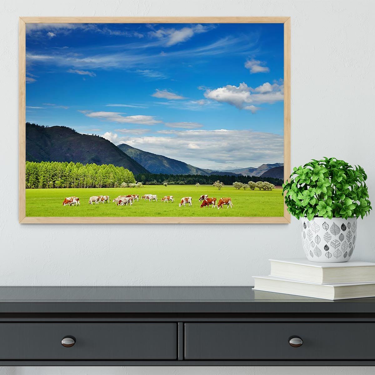 Mountain landscape with grazing cows and blue sky Framed Print - Canvas Art Rocks - 4