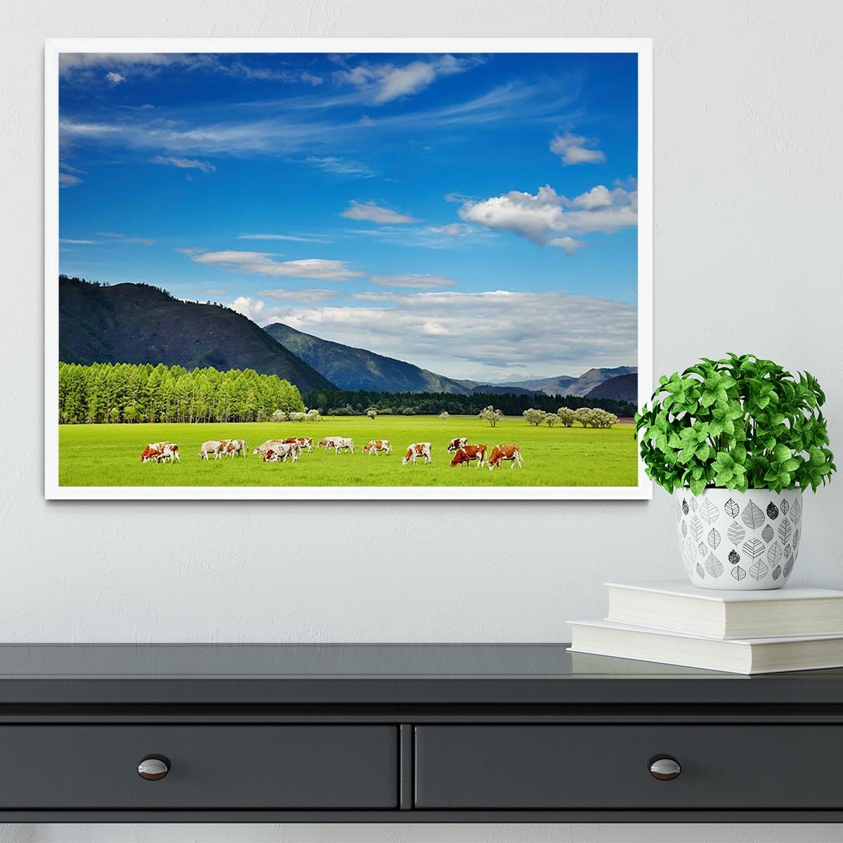 Mountain landscape with grazing cows and blue sky Framed Print - Canvas Art Rocks -6