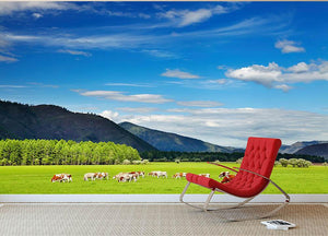 Mountain landscape with grazing cows and blue sky Wall Mural Wallpaper - Canvas Art Rocks - 2
