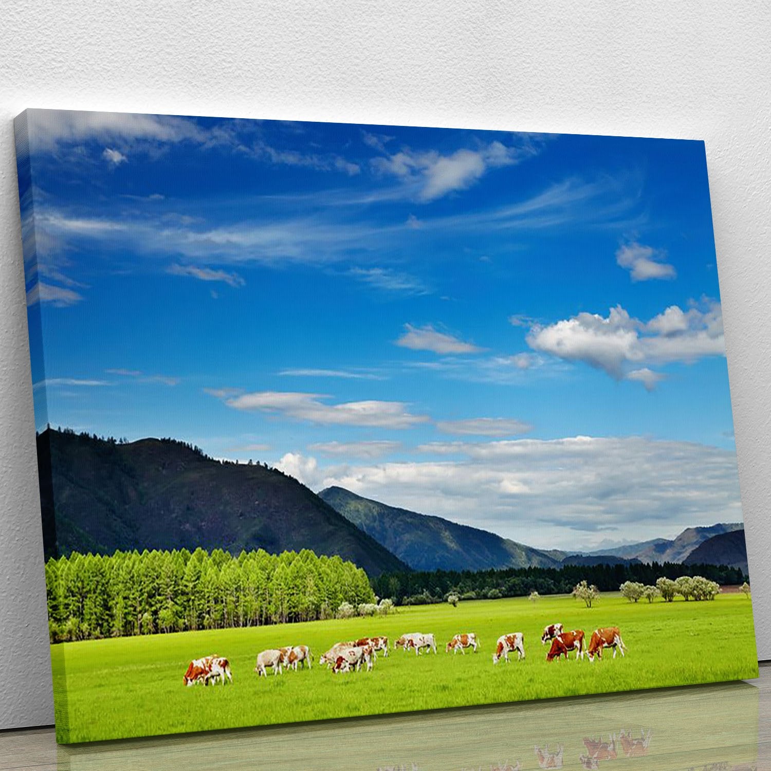 Mountain landscape with grazing cows and sky Canvas Print or Poster