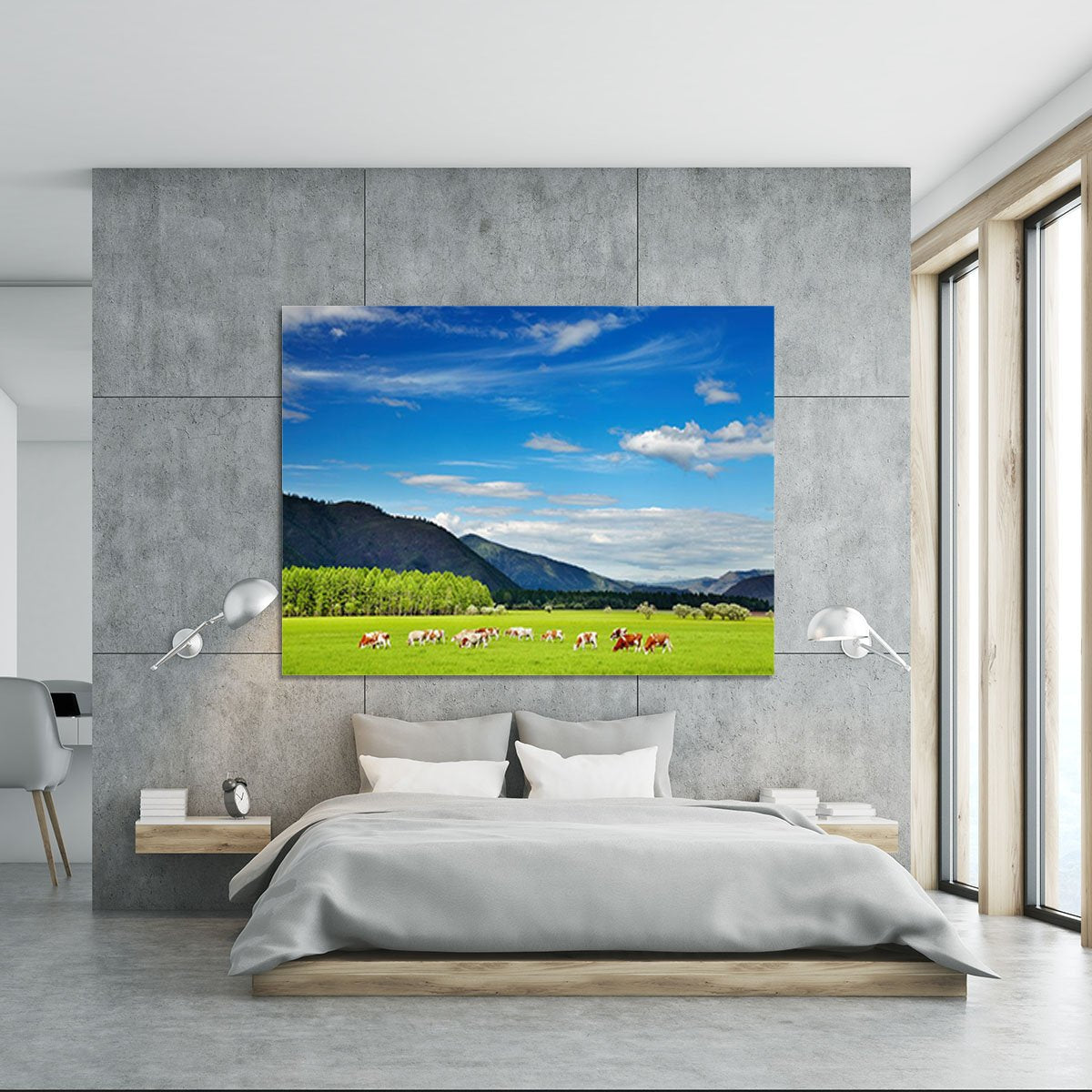Mountain landscape with grazing cows and sky Canvas Print or Poster