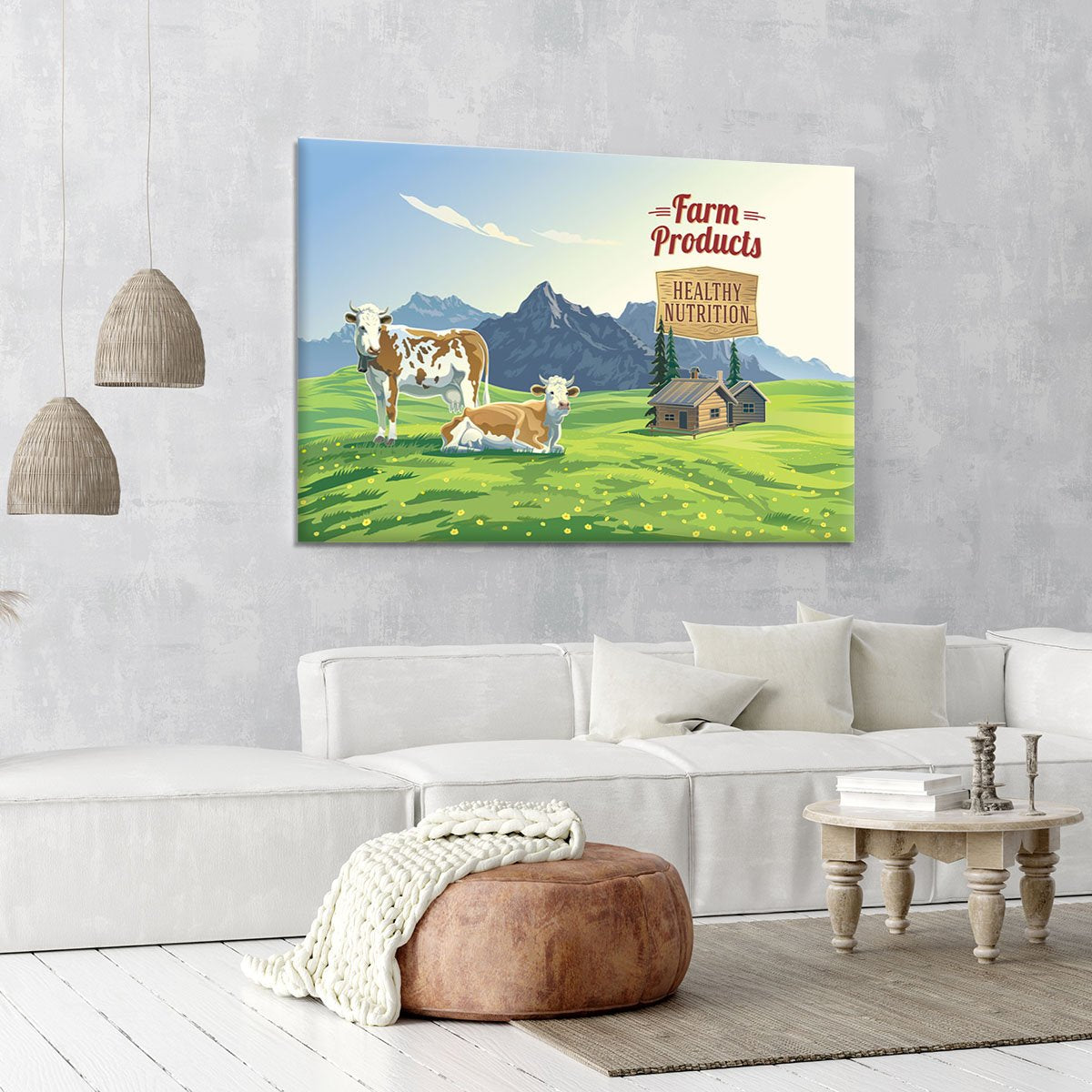 Mountain landscape with two cows Canvas Print or Poster