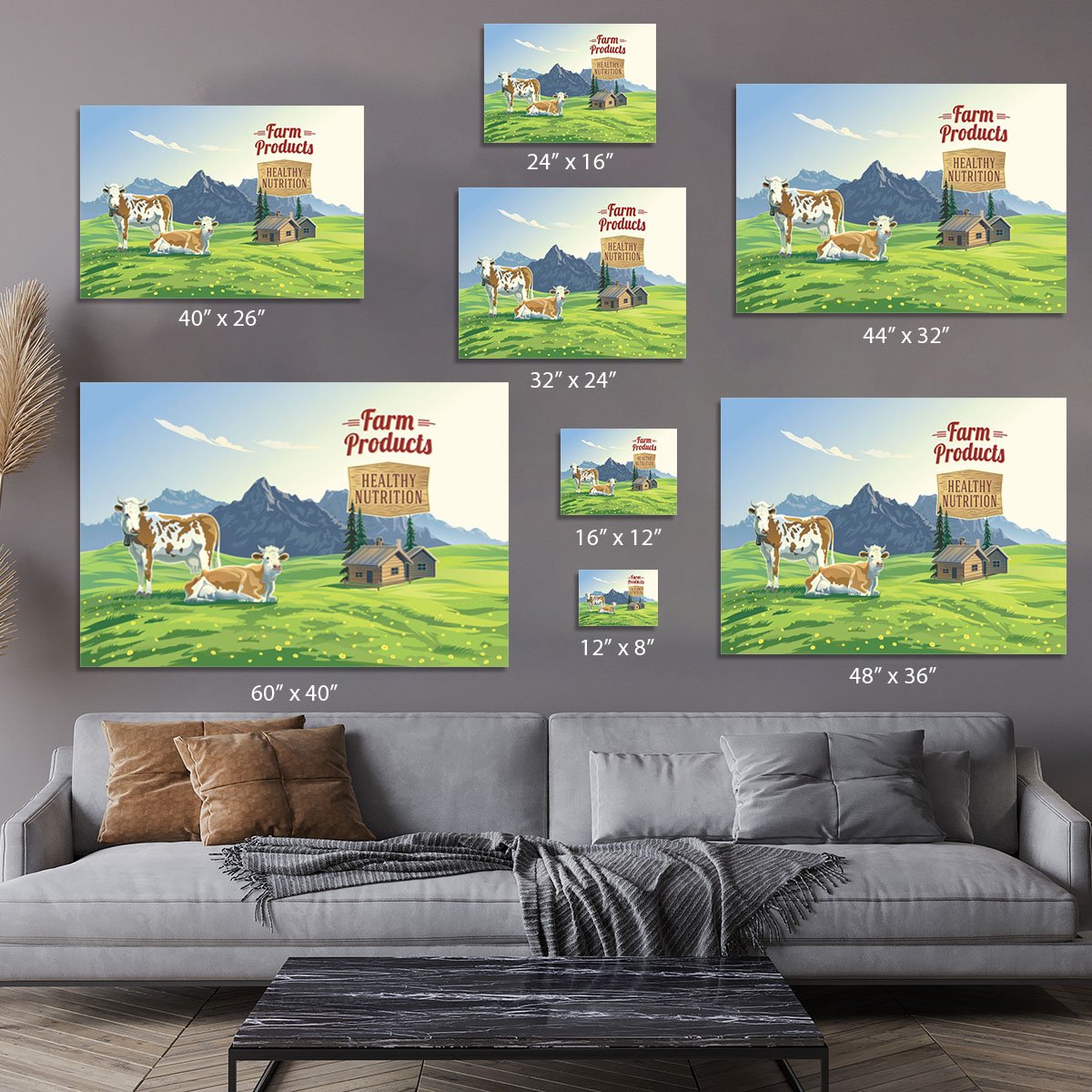 Mountain landscape with two cows Canvas Print or Poster