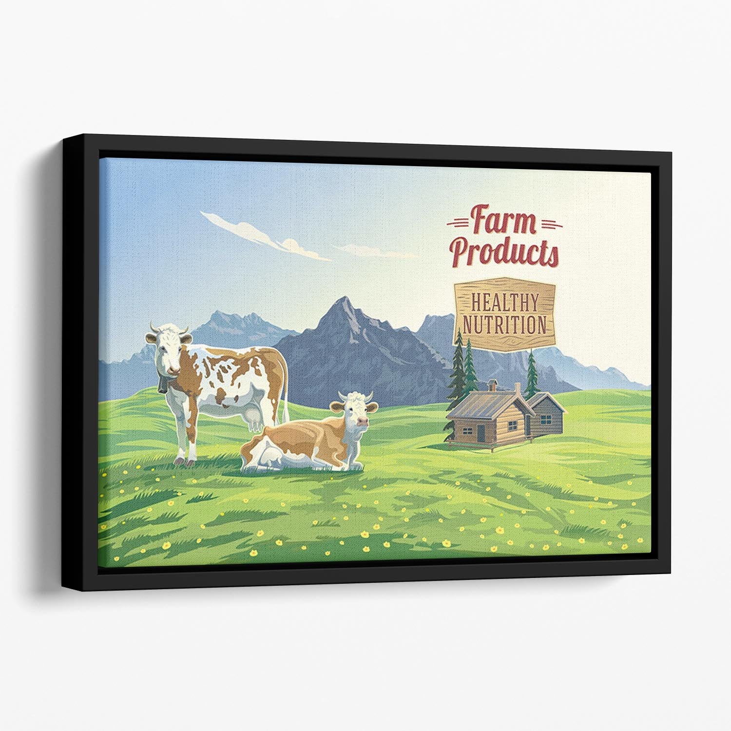 Mountain landscape with two cows Floating Framed Canvas - Canvas Art Rocks - 1