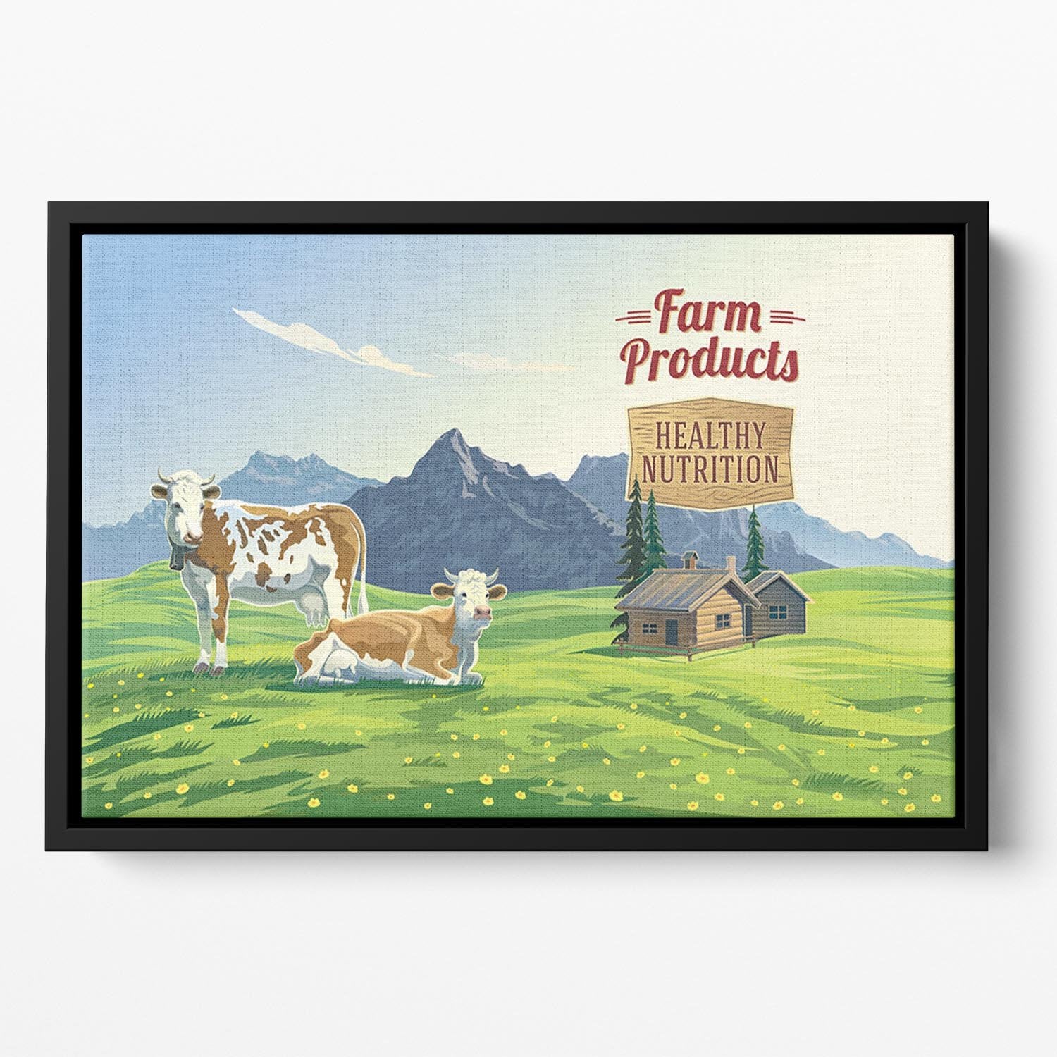 Mountain landscape with two cows Floating Framed Canvas - Canvas Art Rocks - 2