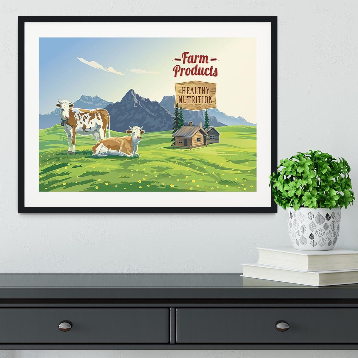 Mountain landscape with two cows Framed Print - Canvas Art Rocks - 1