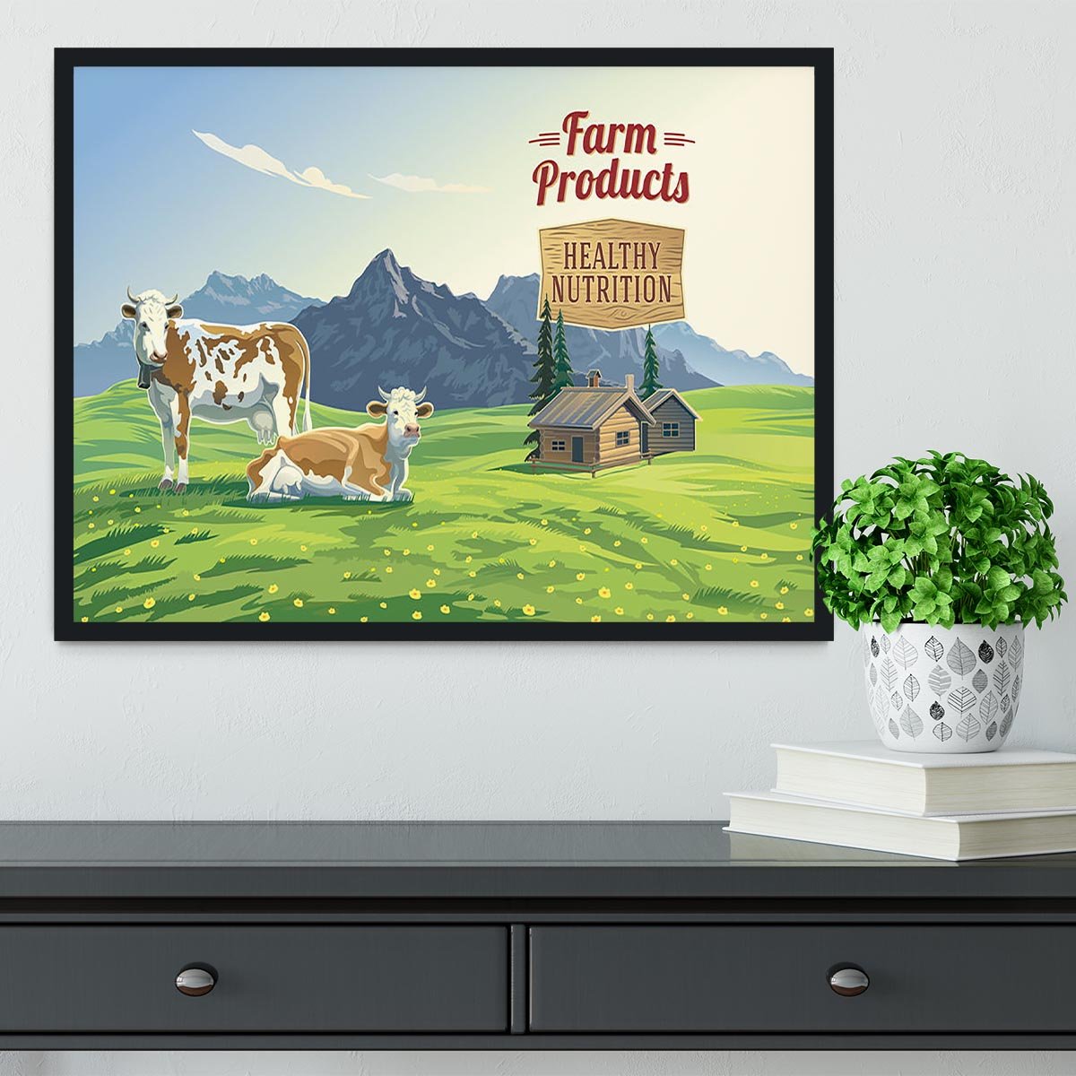 Mountain landscape with two cows Framed Print - Canvas Art Rocks - 2
