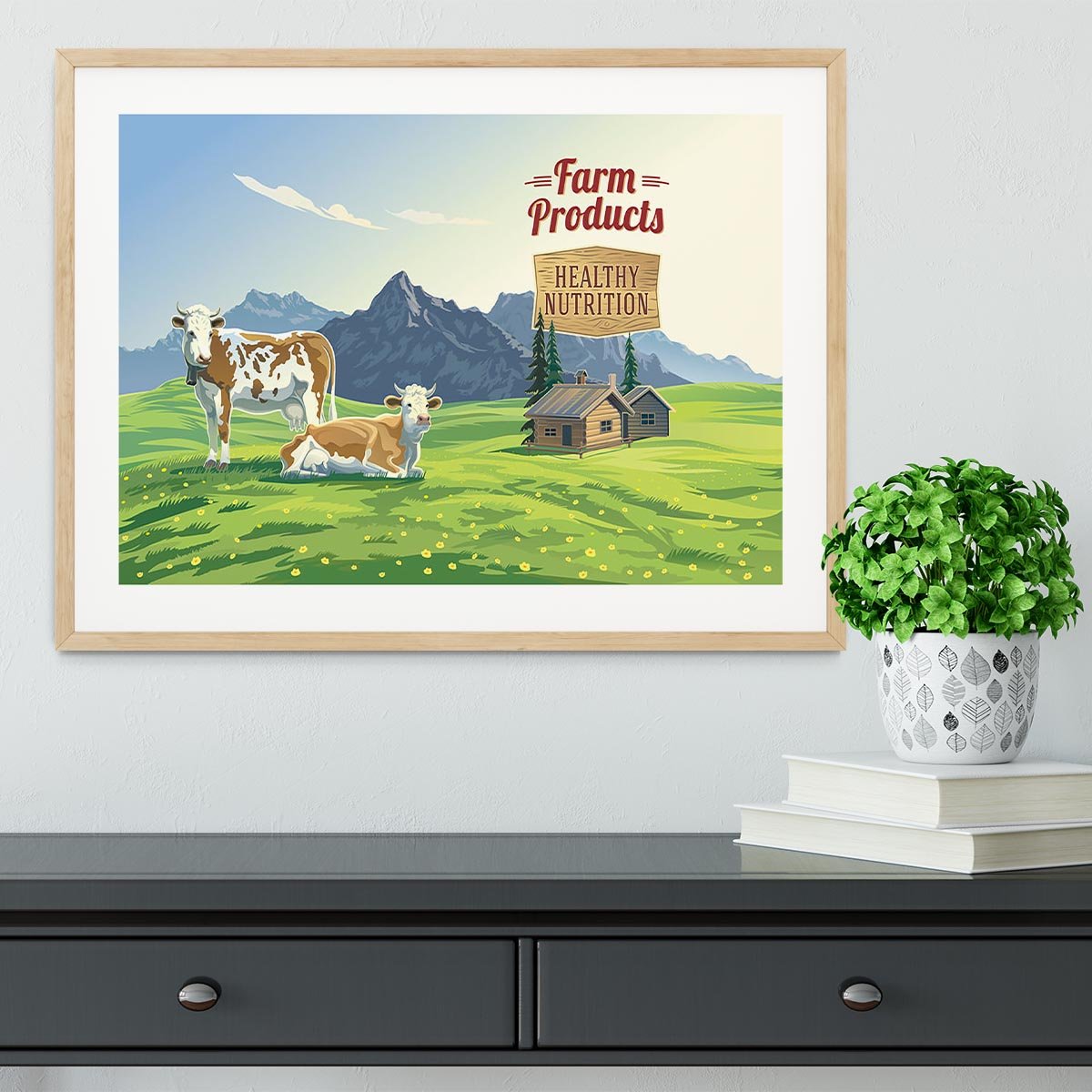 Mountain landscape with two cows Framed Print - Canvas Art Rocks - 3