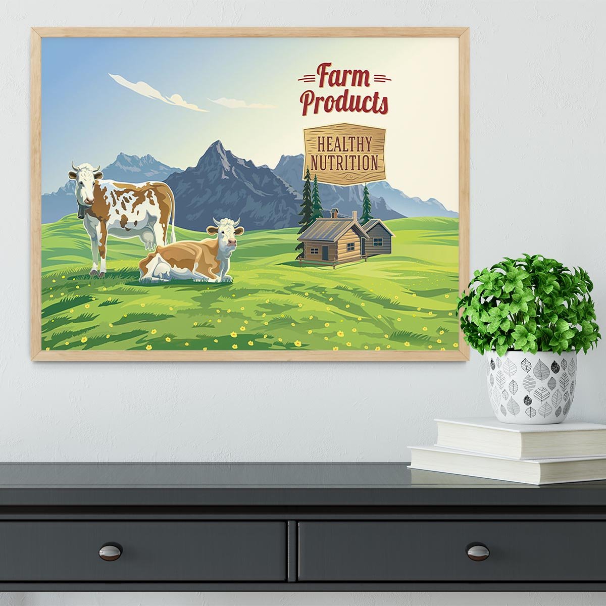 Mountain landscape with two cows Framed Print - Canvas Art Rocks - 4