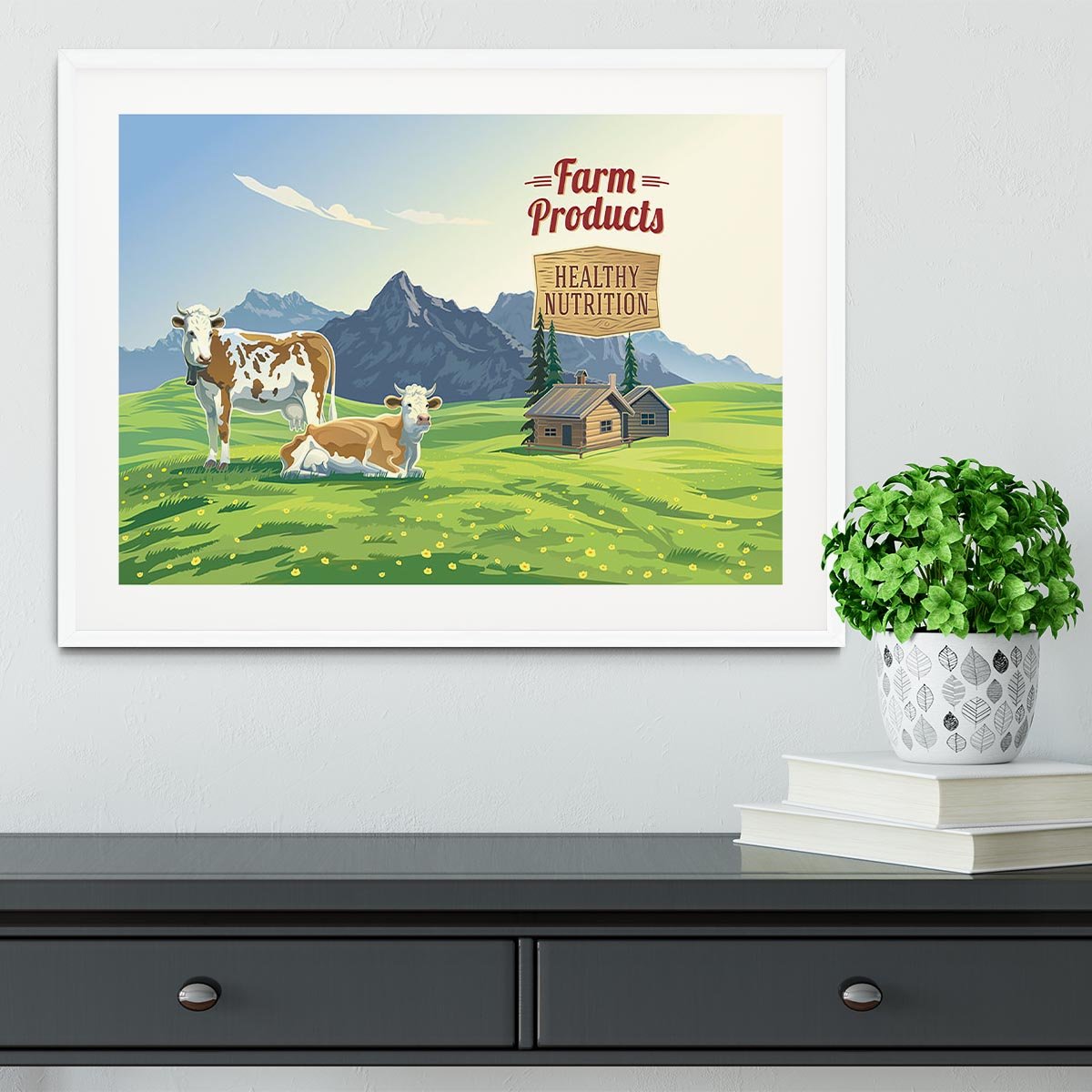 Mountain landscape with two cows Framed Print - Canvas Art Rocks - 5