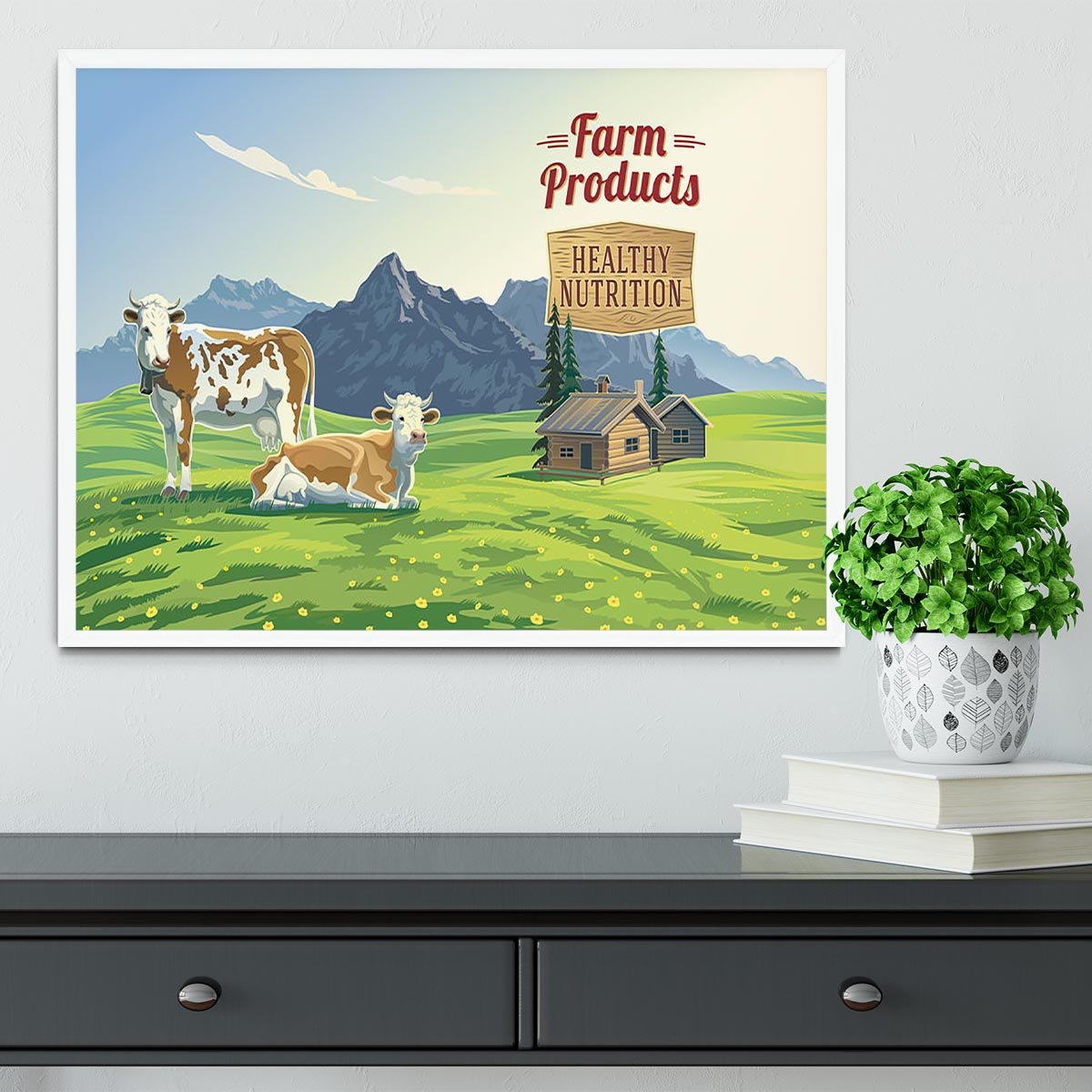 Mountain landscape with two cows Framed Print - Canvas Art Rocks -6