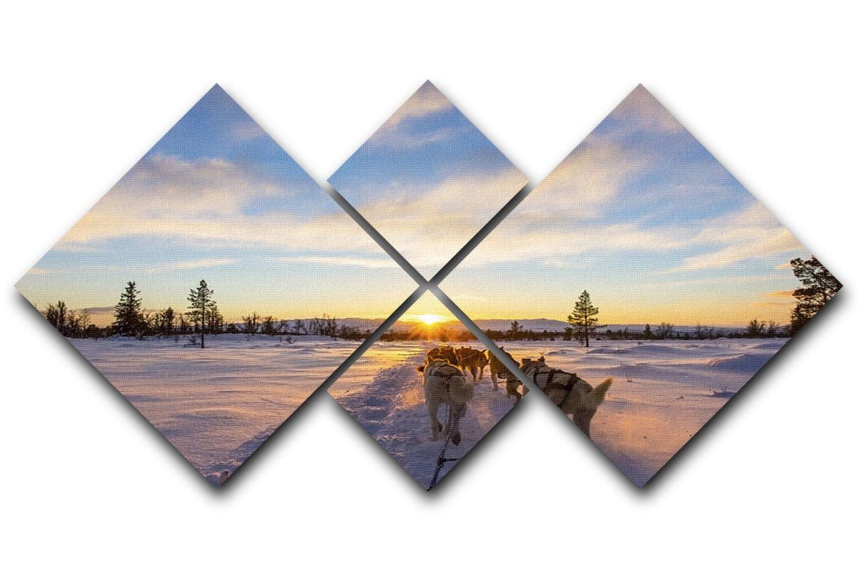 Musher and passenger in a dog sleigh with huskies a cold winter evening 4 Square Multi Panel Canvas - Canvas Art Rocks - 1