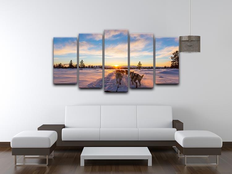 Musher and passenger in a dog sleigh with huskies a cold winter evening 5 Split Panel Canvas - Canvas Art Rocks - 3