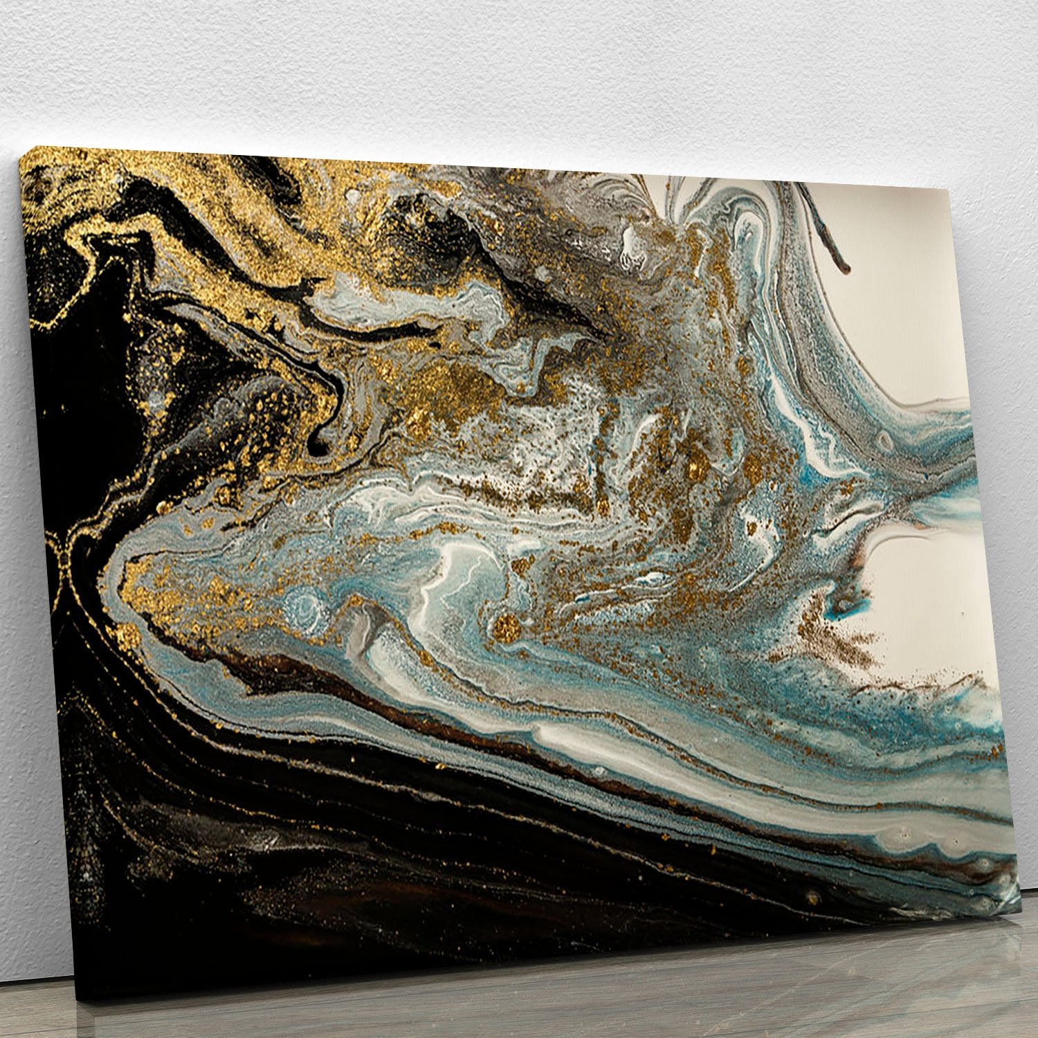 Navy Gold and White Marble Swirl Canvas Print or Poster