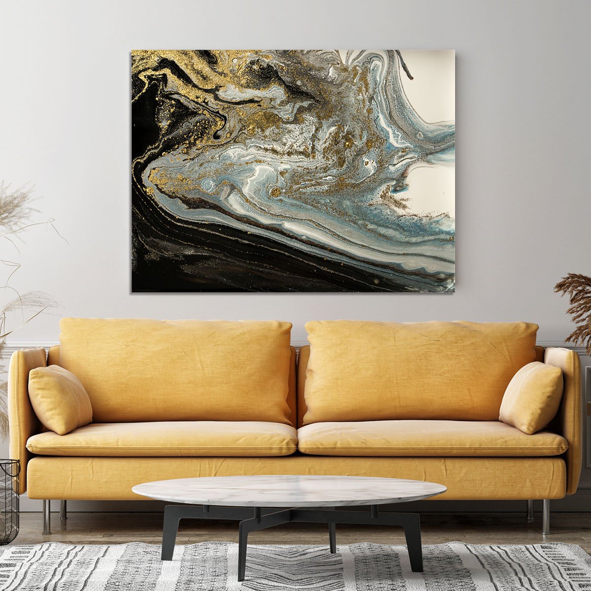 Navy Gold and White Marble Swirl Canvas Print or Poster