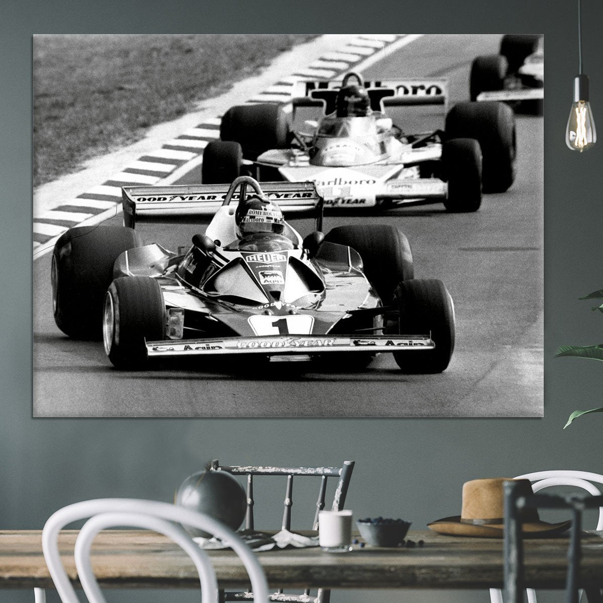 Niki Lauda leads James Hunt in the British Grand Prix 1976 Canvas Print or Poster