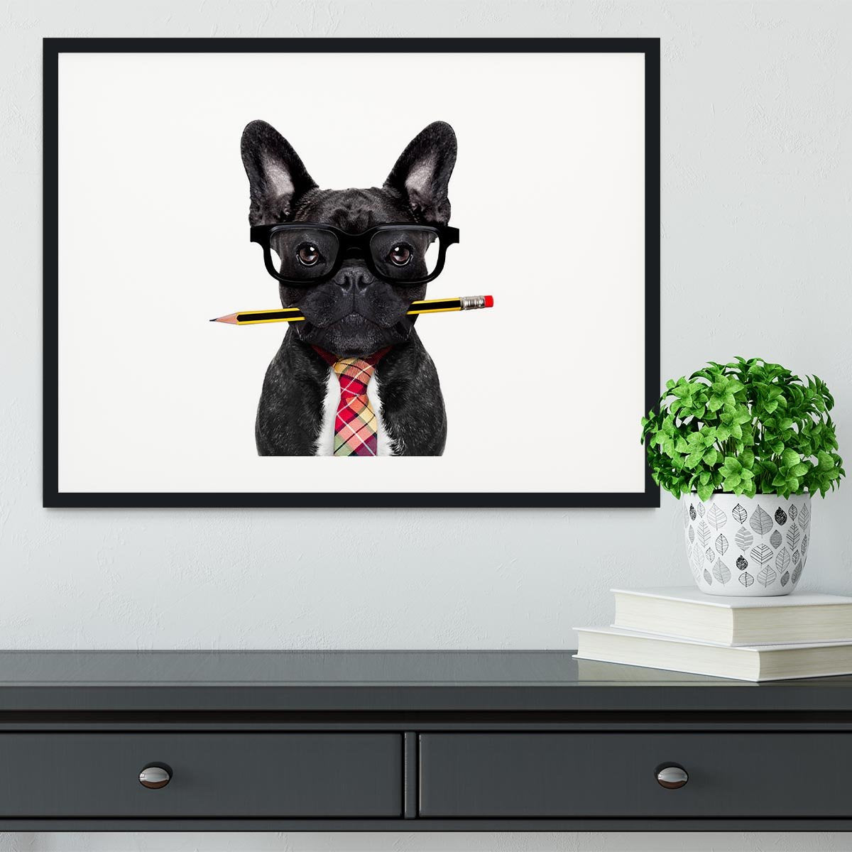Office businessman french bulldog dog with pen Framed Print - Canvas Art Rocks - 1